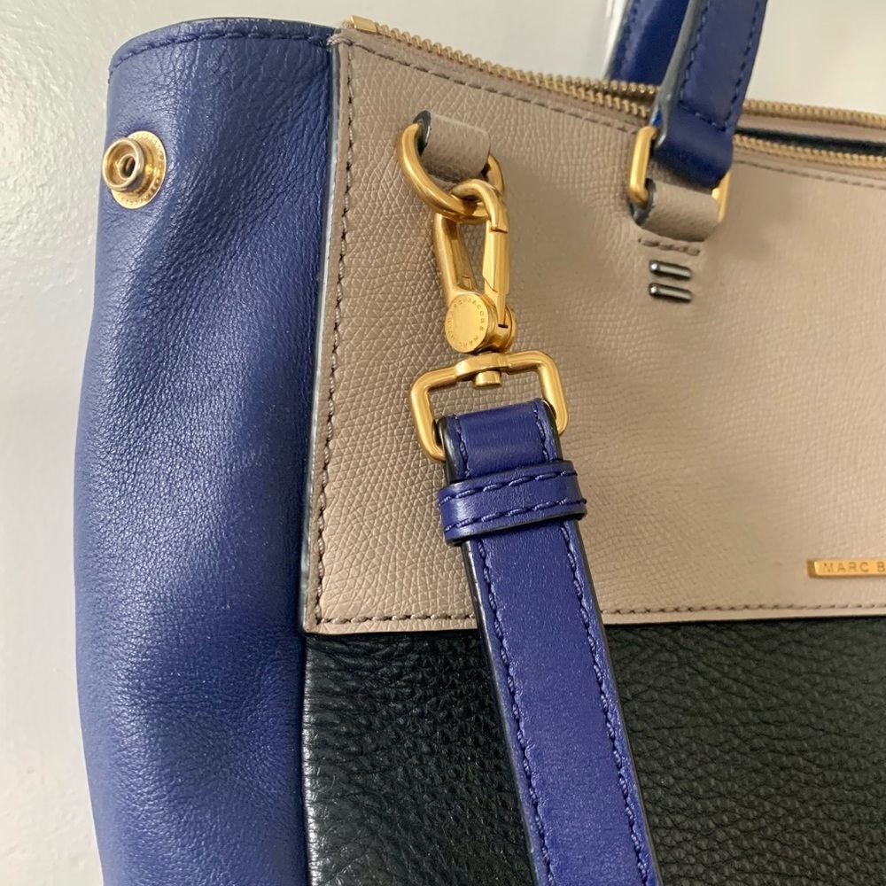 Marc Jacobs Leather Colorblock Satchel Tote Handbag Blue/Black Gold Hardware